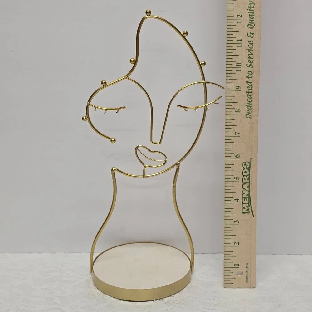 Woman's Face Gold Tone Metal Wire Jewelry Organizer Holder With Marble Base